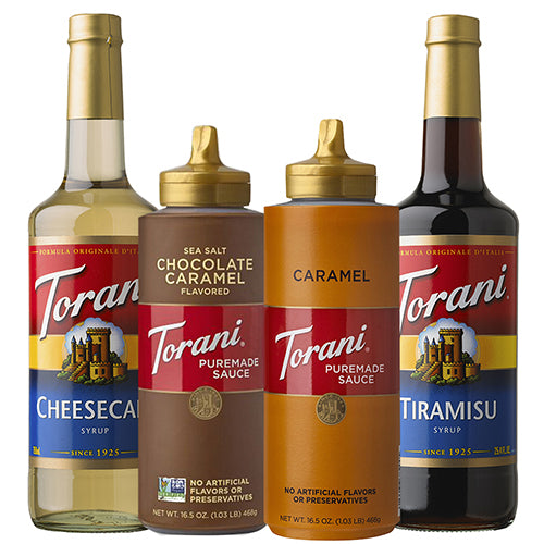 Variety pack includes puremade sauces and original syrups flavors: Chocolate Caramel, Caramel, Cheesecake, and Tiramisu.