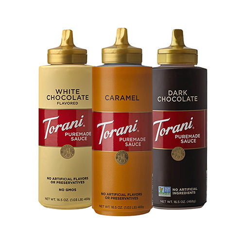 Variety pack includes 3 puremade sauce flavors: Caramel, White Chocolate, and Dark Chocolate.