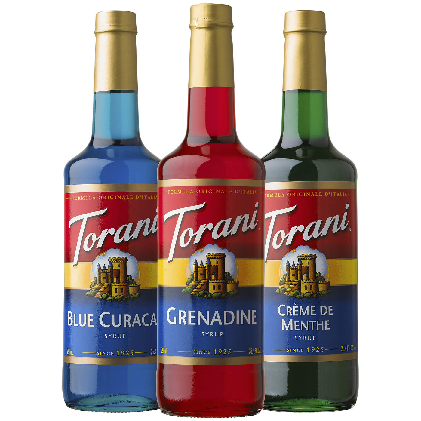 Blue Curacao, Grenadine & Creme De Menthe bottles