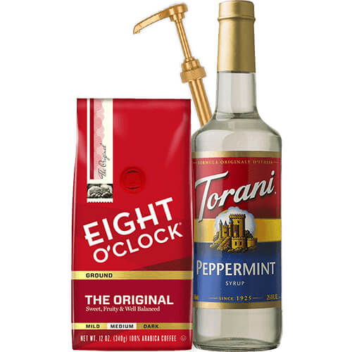 Peppermint Syrup, a bag of Eight O'Clock Coffee Original Ground, and a dispensing pump