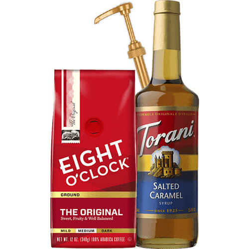 Salted Caramel Syrup, a bag of Eight O'Clock Coffee Original Ground, and a dispensing pump 