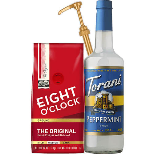 Sugar Free Peppermint Syrup, a bag of Eight O'Clock Coffee Original Ground, and a dispensing pump