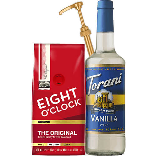Sugar Free Vanilla Syrup, a bag of Eight O'Clock Coffee Original Ground, and a dispensing pump