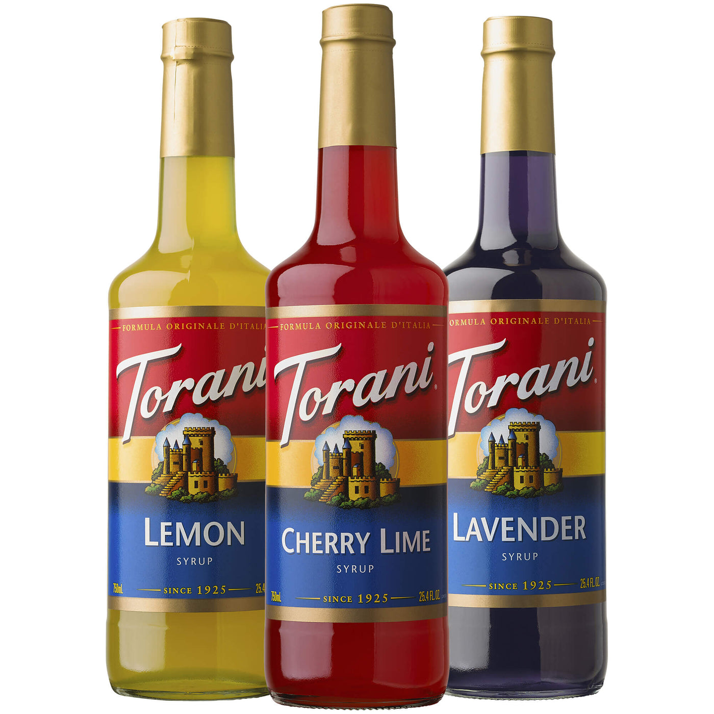 Lavender, Lemon, and Cherry Lime syrup bottles